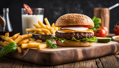 A mouthwatering cheeseburger topped with lettuce, tomato, cheese, and a sesame seed bun, served with crispy french fries on a wooden cutting board.の写真素材