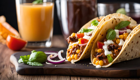 Close-up shot of two delicious Mexican tacos with corn, beef, and sour cream on a wooden board.の写真素材