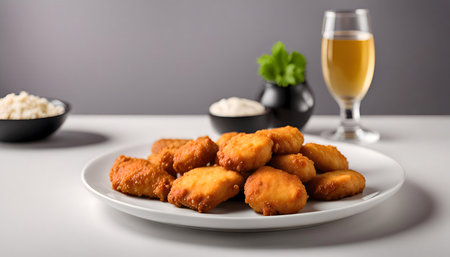 A plate of crispy chicken nuggets ready to be enjoyed. This dish is a classic comfort food, perfect for a quick and satisfying meal.の写真素材