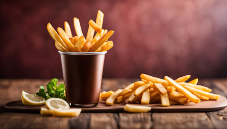 A close-up shot of a paper cup overflowing with golden french fries, resting on a wooden table. The fries are crisp and delicious, making them a perfect snack or side dish.の写真素材