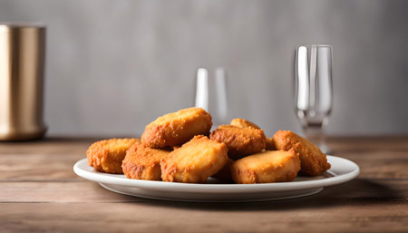 A close-up shot of fried chicken nuggets on a white plate, set on a wooden table.の写真素材