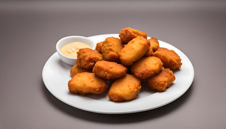 A plate of golden brown crispy chicken nuggets with a small dipping sauce.の写真素材