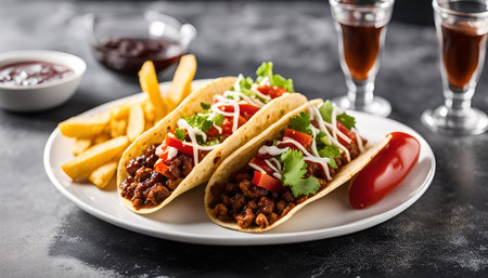 Three tacos filled with ground beef, tomato, lettuce, and sour cream on a white plate with a side of French fries.の写真素材