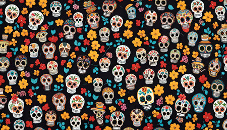 A vibrant and colorful pattern featuring sugar skulls, flowers, and leaves, reminiscent of the Day of the Dead celebrations in Mexico. This pattern is a celebration of life and death, and it's perfect for adding a touch of Mexican culture to any project.の写真素材