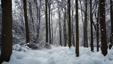 A snowy forest path winds its way through a dense stand of trees, the snow blanketing the ground and branches in a pristine white.の写真素材