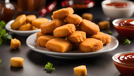 A plate of crispy chicken nuggets, golden brown, piled high on a white plate with a small bowl of red dipping sauceの写真素材