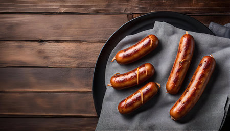 Close up of four grilled sausages on a gray napkin and black plate, placed on a wooden surface.の写真素材