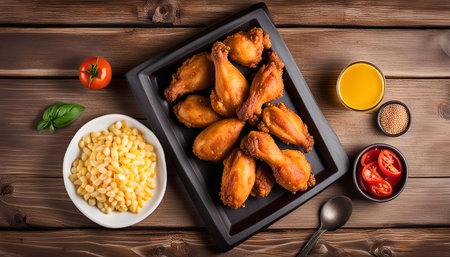 A plate of fried chicken legs on a wooden table with a side of corn and tomatoes. The food is arranged in a visually appealing way and looks very delicious.の写真素材