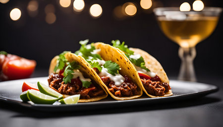 Close-up of three tacos filled with ground beef, cilantro, salsa, and sour cream.の写真素材