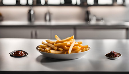 A plate of golden french fries sits on a countertop alongside a dipping sauce and ketchup.の写真素材
