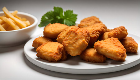 A plate of golden fried chicken nuggets served with a side of French fries. The nuggets are crispy and golden brown, and the fries are perfectly cooked and seasoned.の写真素材