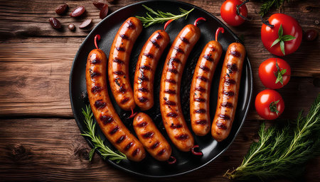 Close-up of grilled sausages on a black plate, surrounded by tomatoes and rosemary sprigs. The sausages are golden brown and have visible grill marks. The image evokes a sense of hearty and flavorful meal.の写真素材