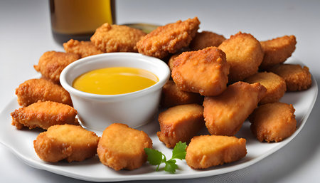 A plate of crispy chicken nuggets with a side of yellow mustard dip.の写真素材