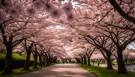 A picturesque pathway lined with cherry blossom trees in full bloom, creating a stunning display of delicate pink flowers. The pathway leads to a serene and inviting atmosphere.の写真素材