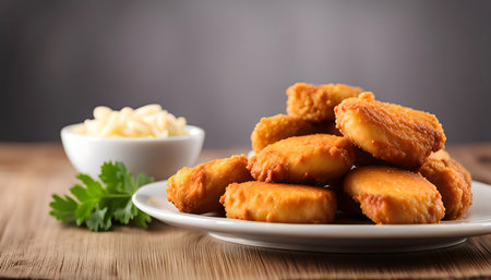 A plate of golden, crispy chicken nuggets. The nuggets are arranged in a pile and are surrounded by a white sauce. The nuggets look delicious and tempting.の写真素材