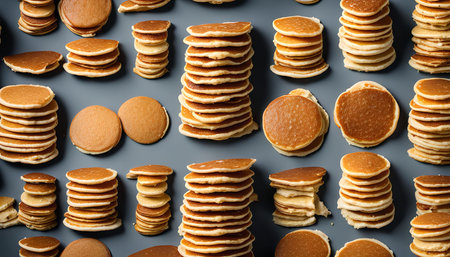 A top view of a gray surface with perfectly stacked pancakes of various sizes, creating an appealing pattern. The fluffy and golden brown pancakes are arranged in a visually pleasing manner, making them look irresistible.の写真素材
