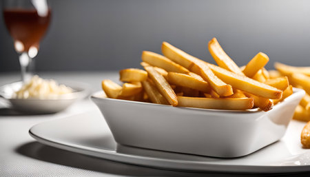 A close-up shot of a bowl filled with golden french fries, a classic and popular side dish or snack. The fries are freshly cooked and crispy.の写真素材