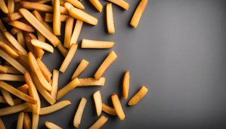 A close-up photo of golden french fries scattered on a gray background.の写真素材