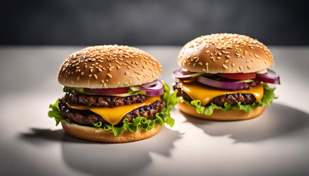 Two double cheeseburgers are placed on a white table. They both have sesame seed buns, lettuce, tomatoes, onions and a melted slice of cheese on top of a beef patty. The image is a close up.の写真素材