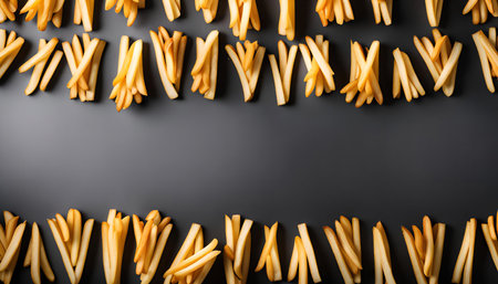 A close-up shot of french fries arranged in a border pattern on a black background. The fries are...