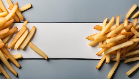 A close-up view of French fries on a white and gray background, with space for text.の写真素材