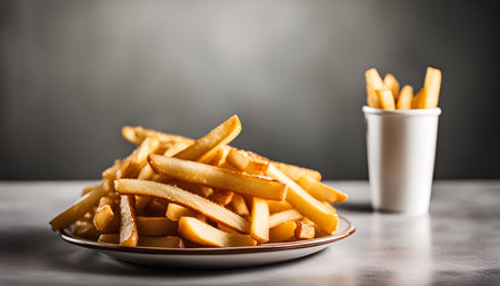A plate of golden french fries on a white table, with a blurred background.