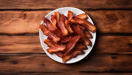 A plate of crispy bacon on a wooden tableの写真素材