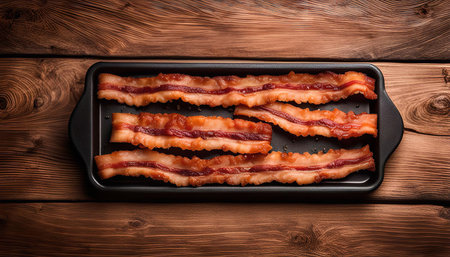 A close-up image of four crispy bacon strips placed on a black baking tray on a wooden background.