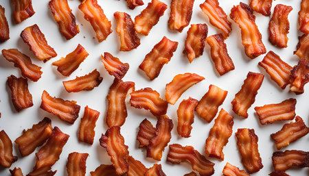 A close-up shot of crispy bacon bits scattered on a white background.の写真素材