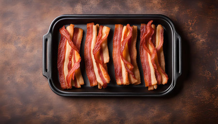 A close-up shot of four crispy bacon strips in a black baking dish. The bacon is arranged in a row and is cooked to perfection, with a golden brown color and a slightly crispy texture.の写真素材