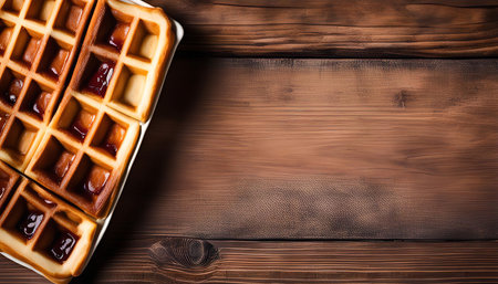 A close-up shot of freshly made waffles with a dollop of jam, placed on a white plate on a wooden background. The waffles are golden brown and crispy, with a grid pattern and a delicious topping of jam.の写真素材