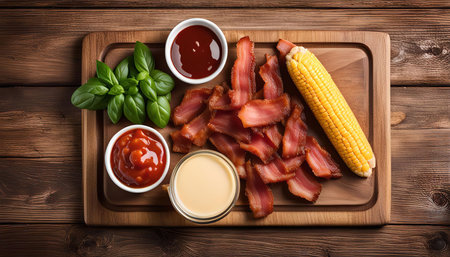 A plate of crispy bacon with corn on the cob and various dips, perfect for a hearty and flavorful meal.の写真素材