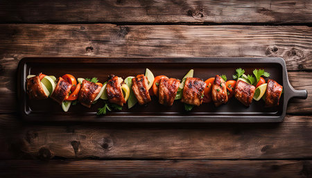 Grilled salmon skewers with tomatoes, cucumber, and cilantro on a wooden background.の写真素材