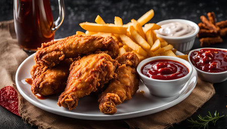 A plate of crispy fried chicken with french fries and various dipping sauces like ketchup and mayonnaise. A tempting and delicious meal that is perfect for a casual dining experience.の写真素材