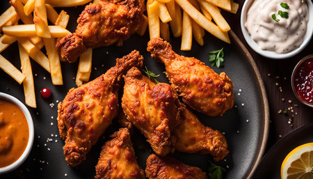 A close-up of a plate of crispy fried chicken legs served with french fries and various dipping sauces. The chicken is golden brown and appears delicious and ready to eat.の写真素材