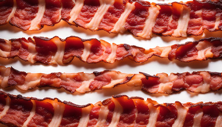 A close up of cooked bacon strips arranged in a symmetrical patternの写真素材