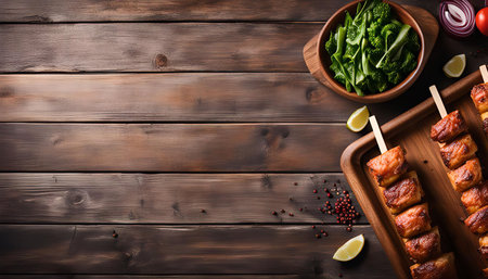 Grilled fish skewers on a wooden background with fresh vegetables, ready to be enjoyed.の写真素材