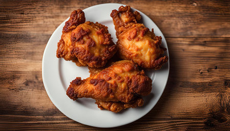 Three crispy fried chicken pieces on a white plate on a wooden tableの写真素材