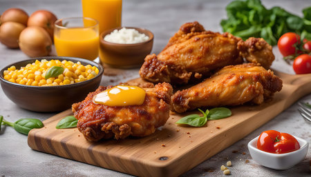 A close-up shot of crispy fried chicken on a wooden board. It is accompanied by a side of corn and a glass of orange juice. The chicken is coated in a crispy breading and is seasoned to perfection. The meal looks delicious and tempting.の写真素材