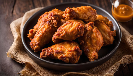 A plate of crispy, fried chicken wings, perfect for a satisfying meal or snack.の写真素材