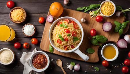 A plate of spaghetti pasta with cherry tomatoes and basil, surrounded by various ingredients for an Italian meal.の写真素材