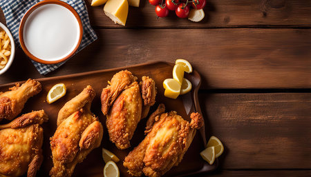 Fried chicken and lemon slices are arranged on a wooden tray.の写真素材