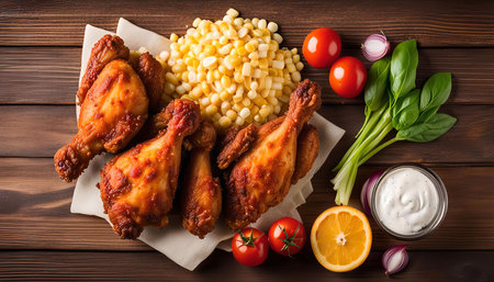 A plate of fried chicken drumsticks with corn, tomatoes, and a dipping sauce on a wooden table.の写真素材