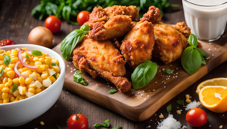 A close-up shot of fried chicken with crispy skin and a side of corn salad. The food is arranged on a wooden cutting board and the image has a rustic and appetizing feel.の写真素材