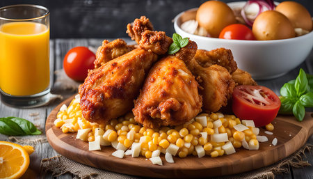 Close-up shot of fried chicken served with corn and tomatoes on a wooden board, a glass of orange juice and fresh basil leaves. A delicious and appetizing meal.の写真素材