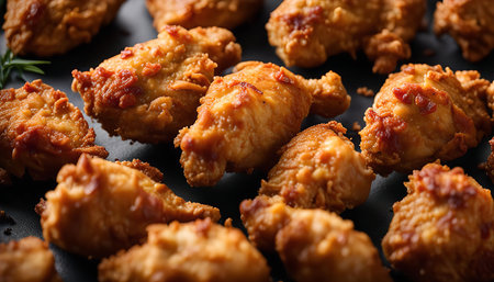 Close-up shot of crispy fried chicken bites, showing their golden-brown crust and tempting aroma.の写真素材