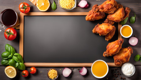 A plate of golden fried chicken wings, ready to be devoured. Served with lemon wedges, tomatoes, basil, and a variety of dipping sauces.の写真素材