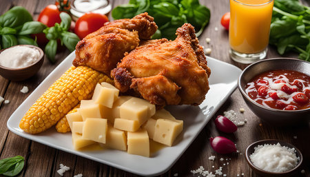 Close-up of a plate with fried chicken, corn on the cob, cheese cubes, and tomato sauce on a wooden table.の写真素材