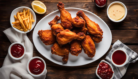 A plate of crispy fried chicken drumsticks, served with ketchup, french fries, and lemon slices, on a wooden table.の写真素材