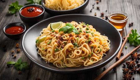 A close-up of a plate of noodles with lime and basil. The noodles are served on a black plate with chopsticks and spices.の写真素材